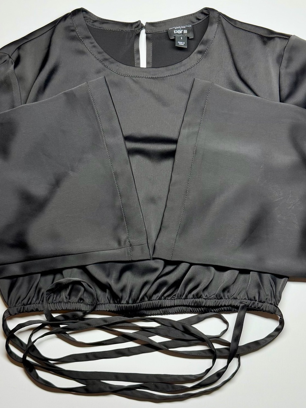 Bar III Satin Black Bell Sleeve Tie Waist Crop Top Small‎